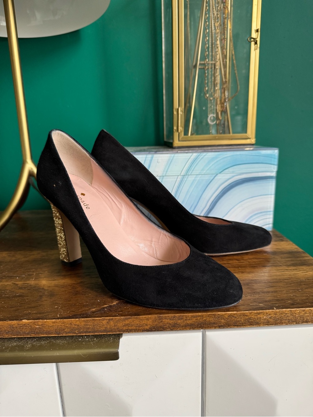 kate spade Black Suede Pumps with Gold Glitter Block Heel